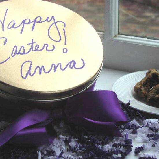An Easter gift tin of cookies and brownies