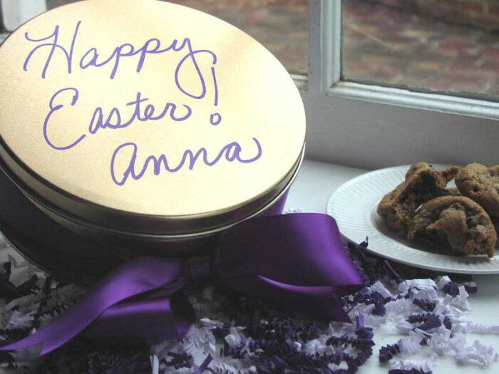 An Easter gift tin of cookies and brownies