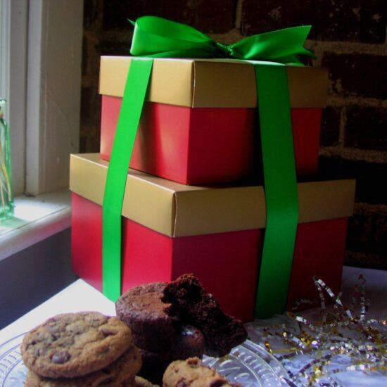 A large Holiday gift tower of cookies and brownies