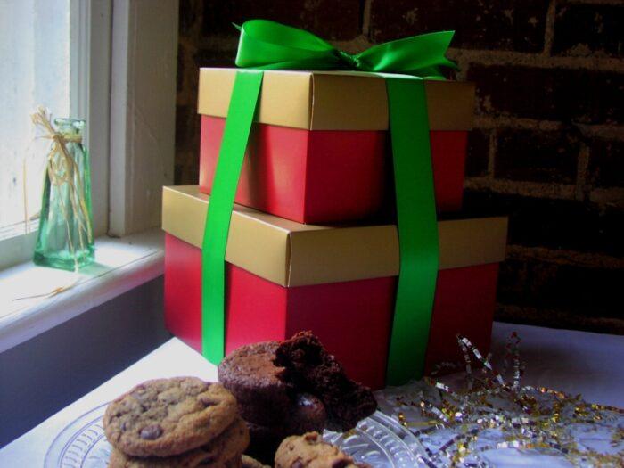 A large Holiday gift tower of cookies and brownies