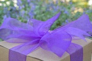 Small gift box of chocolate brownies - kraft box with a purple ribbon