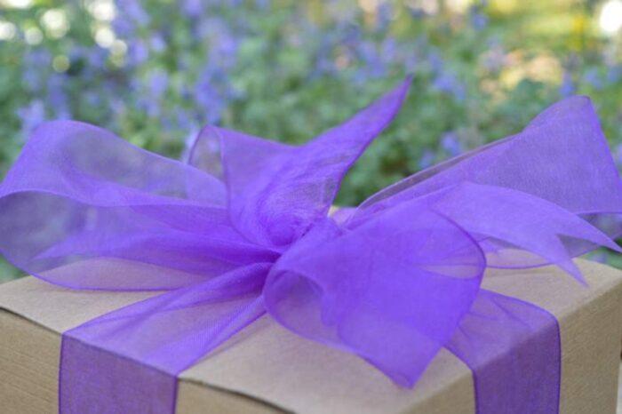 Small gift box of chocolate brownies - kraft box with a purple ribbon