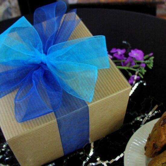 A standard sized gift box of gourmet cookies