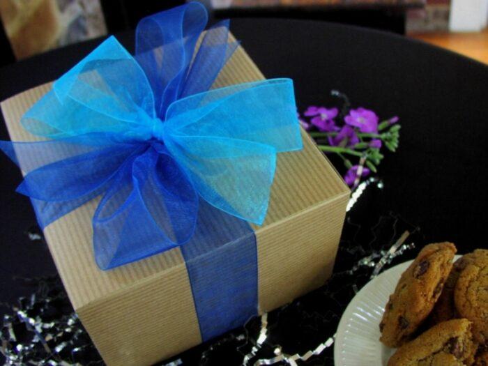 A standard sized gift box of gourmet cookies