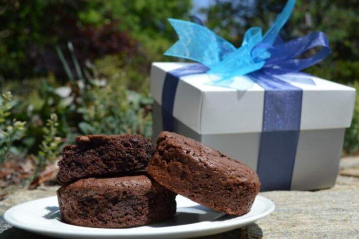Gift box of chocolate brownies in a bold color box