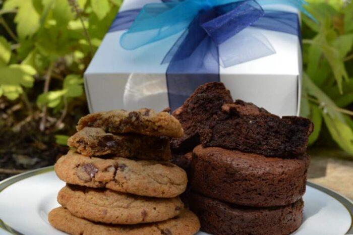 Bold color gift box of gourmet cookies and brownies