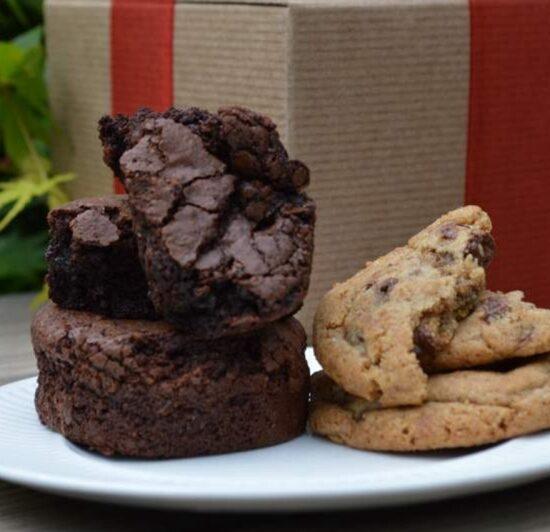 This gift tower comes with (12) gourmet cookies and (4) chocolate brownies