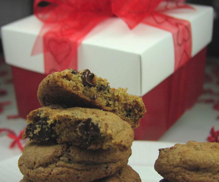 A bright red gift box of cookies for Valentine's Day